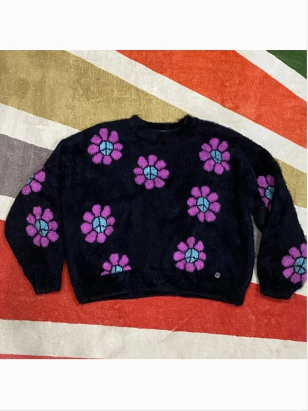 3/$10 Justice Black Sweater with Purple and Blue Floral Design